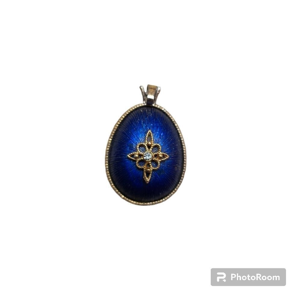 Vtg Avon Cobalt Blue Egg Pendant North Star Decor Clear Rhinestone Accent 1"
